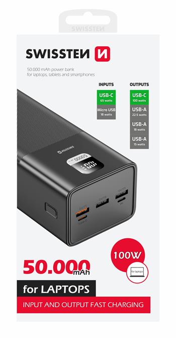 SWISSTEN POWER LINE POWER BANK 50000 mAh PRO NOTEBOOKY 100W POWER DELIVERY BLACK