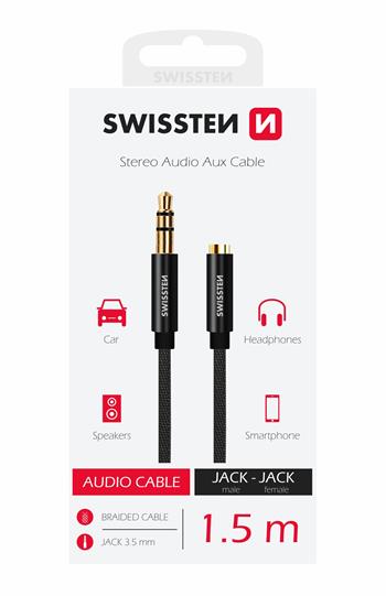 AUDIO KABEL SWISSTEN TEXTILE 3,5 mm JACK(samec) - 3,5 mm JACK (samice) 1,5 M ČERNÝ