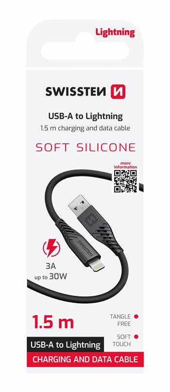 DATOVÝ KABEL SWISSTEN SOFT SILICONE USB / LIGHTNING 1,5 M 30W ČERNÝ