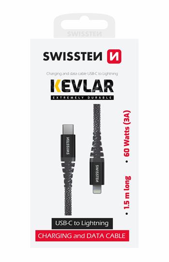 DATOVÝ KABEL SWISSTEN KEVLAR USB-C / LIGHTNING 1,5 M ANTRACIT