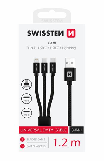 SWISSTEN DATOVÝ KABEL TEXTILE 3in1 1,2 M ČERNÝ (Lightning, 2x USB-C)