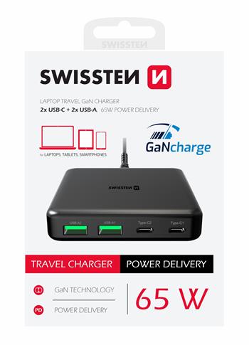 SWISSTEN MINI DESKTOP ADAPTÉR GaN 2x USB-C + 2xUSB 65W POWER DELIVERY ČERNÝ