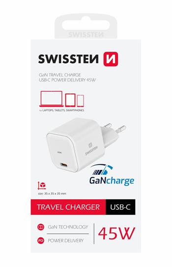 SWISSTEN SÍŤOVÝ ADAPTÉR GaN 1x USB-C 45W POWER DELIVERY BÍLÝ