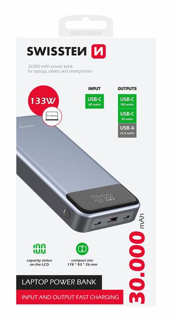 SWISSTEN POWER BANK 30000 mAh PRO NOTEBOOKY 133W POWER DELIVERY GREY