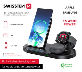 SWISSTEN BEZDRÁTOVÁ NABÍJEČKA 3v1 STATION PRO APPLE A SAMSUNG ČERNÁ