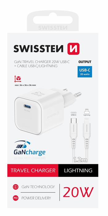 SWISSTEN SÍŤOVÝ ADAPTÉR GaN 1x USB-C 20W POWER DELIVERY BÍLÝ + DATOVÝ KABEL USB-C/LIGHTNING 1,2 M BÍLÝ