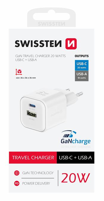 SWISSTEN SÍŤOVÝ ADAPTÉR GaN 1x USB-C 20W PD A 1x USB-A 18W QC BÍLÝ