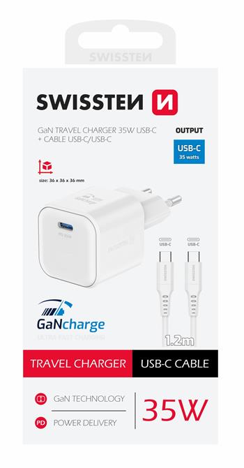 SWISSTEN SÍŤOVÝ ADAPTÉR GaN 1x USB-C 35W POWER DELIVERY BÍLÝ + DATOVÝ KABEL USB-C/USB-C 1,2 M BÍLÝ