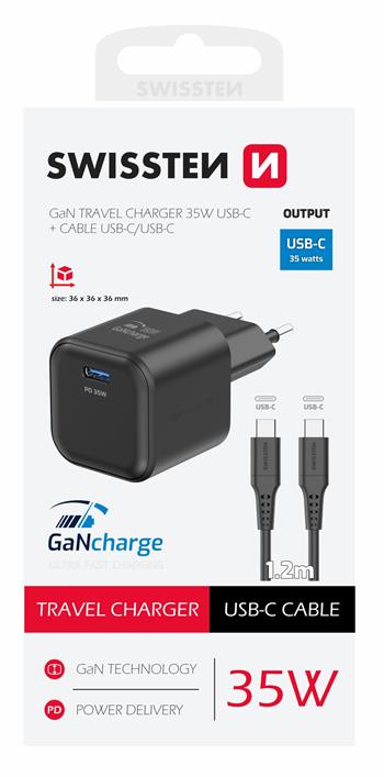 SWISSTEN SÍŤOVÝ ADAPTÉR GaN 1x USB-C 35W POWER DELIVERY ČERNÝ + DATOVÝ KABEL USB-C/USB-C 1,2 M ČERNÝ