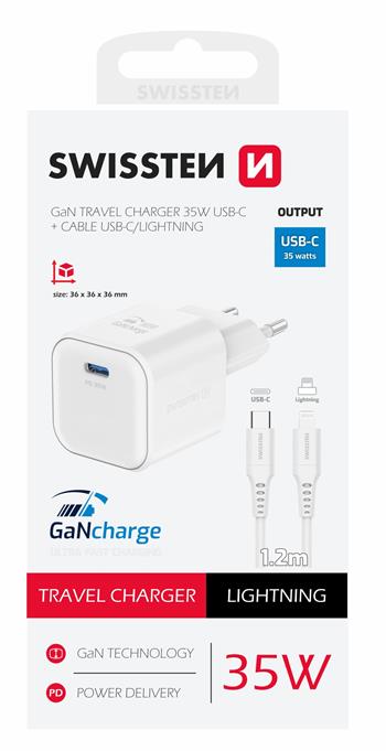 SWISSTEN SÍŤOVÝ ADAPTÉR GaN 1x USB-C 35W POWER DELIVERY BÍLÝ + DATOVÝ KABEL USB-C/LIGHTNING 1,2 M BÍLÝ