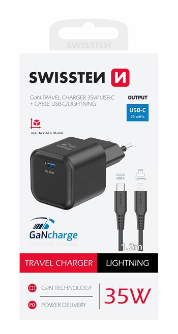 SWISSTEN SÍŤOVÝ ADAPTÉR GaN 1x USB-C 35W POWER DELIVERY ČERNÝ + DATOVÝ KABEL USB-C/LIGHTNING 1,2 M ČERNÝ