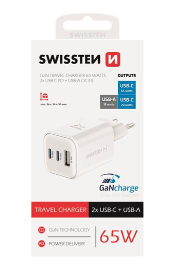SWISSTEN SÍŤOVÝ ADAPTÉR GaN 2x USB-C 65W PD + 1x USB-A 18W QC BÍLÝ