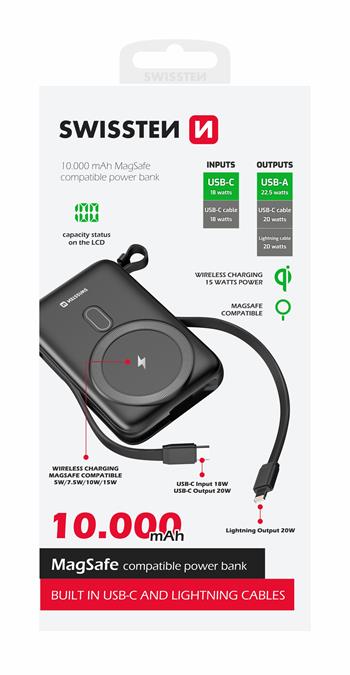 SWISSTEN POWER BANK 10000 mAh PD 22,5W S INTEGROVANÝMI KABELY USB-C A LIGHTNING (kompatibilní s MagSafe)