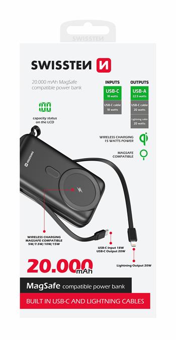 SWISSTEN POWER BANK 20000 mAh PD 22,5W S INTEGROVANÝMI KABELY USB-C A LIGHTNING (kompatibilní s MagSafe)